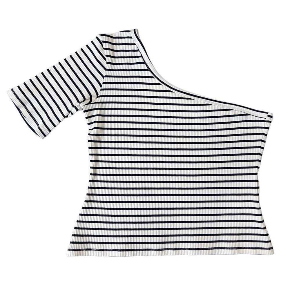 RITA ROW Ras Striped Blue Top One-Shoulder Size Large - Picture 2 of 15